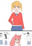 2019 anthro bodily_fluids bow_(feature) bow_tie canid canine clothed clothing comic dialogue english_text female fox fur_(theterm) group hand_on_hip human kate_(theterm) kemono male mammal school_uniform simple_background standing sweat sweatdrop text theterm trash uniform white_background young young_anthro young_female young_human