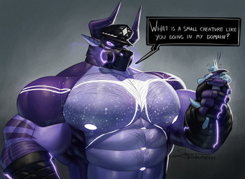 anthro big_muscles clothing dialogue holding_someone huge_muscles hyper hyper_muscles leather leather_clothing macro male muscular muscular_male size_difference text shapeshifter_(artist) mythology bovid demon dragon mammal mythological_creature mythological_scalie scalie digital_media_(artwork) english_text hi_res