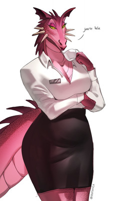 anthro anthrofied arm_under_breasts arms_bent black_bottomwear black_clothing black_skirt bottomwear breasts cheek_spikes cleavage clothed clothed_anthro clothed_female clothing collarbone container cup dialogue eyelashes facial_spikes female female_anthro fully_clothed fully_clothed_anthro fully_clothed_female green_sclera half-closed_eyes holding_container holding_cup holding_object holding_tea_cup light lips looking_at_viewer medium_breasts mouth_closed multicolored_body multicolored_scales name_tag narrowed_eyes non-mammal_breasts pink_body pink_scales pink_tail red_body red_lips red_scales red_spines red_tail scales simple_background skirt solo spikes spikes_(anatomy) standing tail tail_spines talking_to_viewer tan_spikes tea_cup text thick_tail ventral_scales white_background white_dress_shirt yellow_eyes mskend_a dreamworks european_mythology mythology shrek_(series) dragon_(shrek) dragon mythological_creature mythological_scalie scalie western_dragon 2025 absurd_res artist_name colored digital_drawing_(artwork) digital_media_(artwork) english_description english_text hi_res lighting portrait shaded three-quarter_portrait
