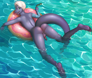 anthro anus balls butt eyewear feet genitals hair inflatable inner_tube long_tail looking_at_viewer looking_back lying male nude on_front penis pool_float slim smile solo sunglasses tail tattoo toes tongue water ark_warrior alyxander amphibian salamander scalie 2019 digital_drawing_(artwork) digital_media_(artwork)