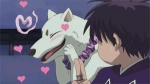 blush duo eyes_closed feral fur heart_symbol male screencap smile white_body white_fur unknown_artist kekkaishi madarao_(kekkaishi) yoshimori ayakashi canid canine canis domestic_dog human mammal 2d_animation animated loop low_res short_playtime