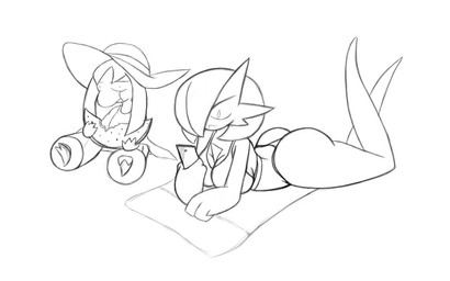 big_breasts bikini breasts butt clothing duo eating electronics female food fruit hat headgear headwear holding_food holding_object melon not_furry phone plant plantigrade simple_background swimwear two-piece_swimsuit watermelon watermelon_slice white_background yougrover nintendo pokemon gardevoir generation_3_pokemon mawile pokemon_(species) 16:10 monochrome widescreen