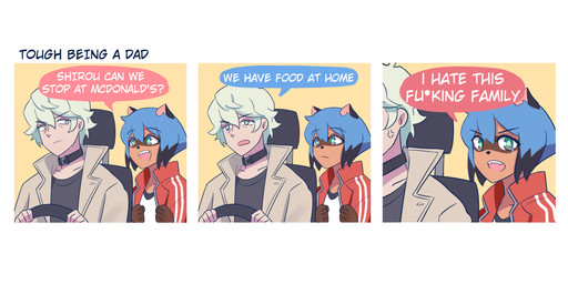 anthro blue_eyes blue_hair bodily_fluids brown_body clothed clothing collar crying driving duo female fur hair humor jacket male open_mouth profanity speech_bubble tears text topwear white_hair poptrt brand_new_animal studio_trigger michiru_kagemori shirou_ogami canid canine human mammal raccoon_dog tanuki absurd_res comic english_text hi_res