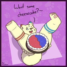 anthro border butt cake cheesecake creative_censorship dessert food footprint fur fur_markings high-angle_view legs_up looking_at_viewer male markings one_eye_closed open_mouth open_smile pattern_background pawpads pawprint pawprint_background presenting presenting_hindquarters purple_background purple_border simple_background smile solo tail tan_body text wink winking_at_viewer ryothefloofeon hoichi canid canine canis domestic_dog mammal nordic_sled_dog samoyed spitz 1:1 censored english_text hi_res