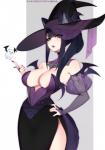 big_breasts black_hair breasts cleavage clothed clothing female hair hat headgear headwear long_hair looking_at_viewer witch_hat tofuubear reiko_(tofuubear) animal_humanoid canid canid_humanoid canine canine_humanoid humanoid mammal mammal_humanoid wolf_humanoid