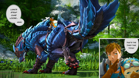 ambiguous_gender armor big_butt blue_body blue_eyes blue_scales brown_hair butt claws clothed clothed_feral clothing detailed_background eyewear fangs featureless_crotch feet feral flower foot_focus glasses grass green_eyes group hair headgear looking_at_viewer looking_back looking_back_at_viewer male mount/rider_relations open_mouth outside pawpads paws plant presenting presenting_hindquarters pubic_boot raised_leg raised_tail red_claws red_fangs saddle scales smile smirk smirking_at_partner speech_bubble straps suggestive suggestive_pose tail teeth text thick_thighs thinking toe_claws tree unconvincing_armor yellow_eyes ivorylagiacrus capcom monster_hunter monster_hunter_stories monster_hunter_stories_3:_twisted_reflection fanged_wyvern human lunagaron mammal scalie 16:9 2026 3d_(artwork) 4k absurd_res blender_(artwork) blender_cycles_(artwork) digital_media_(artwork) english_text hi_res widescreen female_(lore)