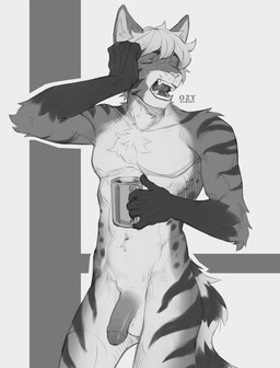 anthro balls beverage black_arms chest_tuft coffee coffee_cup coffee_mug container cup eyes_closed fangs flaccid foreskin fur genitals hair hand_on_face holding_container holding_cup holding_object humanoid_genitalia humanoid_penis inner_ear_fluff male markings navel open_mouth penis solo spots spotted_body spotted_fur striped_body striped_fur striped_markings striped_tail stripes tail tail_markings teeth tongue touching_face tuft yawn yawning_position o.z.y. felid feline mammal greyscale hi_res monochrome