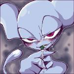 blue_body blue_skin bodily_fluids border crossgender female looking_at_viewer not_furry purple_border red_eyes saliva solo morphine_(artist) earthbound_(series) nintendo giygas alien 1:1 low_res