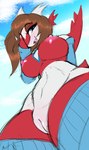 anthro areola biped blue_eyes breasts brown_hair clothing female genitals hair ineffective_clothing looking_at_viewer low-angle_view nipples open_mouth open_smile pussy red_body smile solo white_body anglo nintendo pokemon lilith_(wigglebuttlilith) generation_3_pokemon latias legendary_pokemon pokemon_(species) absurd_res hi_res