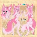 anthro blue_eyes breasts female fluffy fluffy_tail fur genitals hair heart_eyes heart_symbol one_eye_closed pawpads pink_body pink_fur pink_hair pussy solo tail text tongue tongue_out wink hioshiru kunalyn canid canine fennec_fox fox mammal true_fox vulpin 2018 english_text hi_res model_sheet