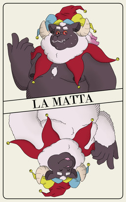 anthro bell black_body card clothing eyewear facial_hair fool's_hat fur glasses hat headgear headwear horn jester_outfit joker_(playing_card) male mustache nipples overweight overweight_male playing_card red_eyewear red_glasses solo white_body white_fur white_wool wool_(fur) kubberbubber quantum_love_theory duncan_(quantum_love_theory) bovid caprine mammal sheep 5:8 hi_res