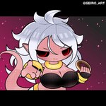 andoid_21 big_breasts black_bars breasts chibi cleavage clothed clothing dessert doughnut female food hair huge_breasts midriff open_mouth pastry pink_body pink_skin red_eyes solo white_hair seiro_art dragon_ball dragon_ball_fighterz majin_android_21 humanoid majin 1:1 2d_animation animated high_framerate motion_tweening short_playtime