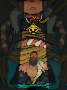 anthro arms_tied asian_clothing bdsm bell bell_collar biped blindfold bodily_fluids bondage bound captured clothed clothing clothing_aside collar crying cute_fangs east_asian_clothing erection faceless_character faceless_male fangs forced foreskin front_view fundoshi fundoshi_aside genital_fluids genitals humanoid_genitalia humanoid_penis humanoid_pointy_ears inside japanese_clothing leash legs_tied light male nipples offscreen_character open_crotch open_mouth partially_clothed penis pointy_ears precum precum_string restraints retracted_foreskin rope rope_bondage saliva shadow sitting solo spread_legs spreading submissive submissive_male sweat tears teeth underwear underwear_aside young rokuya gitarou haplorhine mammal monkey primate hi_res lighting