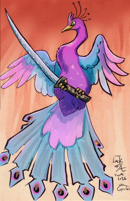 avian_feet beak biped blue_body feathered_crest feathered_wings feathers feral flying green_eyes head_crest katana male melee_weapon pink_body sword tail tail_feathers text weapon wings gyrotech lackofa gyro_feather avian bird galliform peafowl phasianid absurd_res english_text hi_res