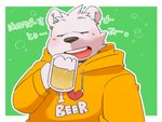 alcohol anthro beer beverage blush clothing eyes_closed fur heart_symbol kemono male solo text text_on_clothing white_body white_fur green_bell inakamichi bear mammal polar_bear ursine 2020 japanese_text