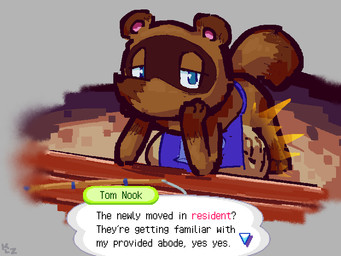abdominal_bulge anthro apron apron_only arm_support belly big_belly biped brown_body brown_fur clothing dialogue_box fur hand_imprint huge_belly imprint leaning_on_elbow logo male soft_vore solo tail text vore klazo animal_crossing nintendo tom_nook_(animal_crossing) canid canine mammal raccoon_dog tanuki 2026 4:3 artist_logo english_text hi_res