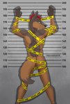 against_surface against_wall anthro barricade_tape looking_at_viewer looking_back male mugshot nude police_tape pose prison prisoner rear_view solo standing wrappings wallswhisper ash_cinder canid canine canis coyote coywolf hybrid mammal wolf hi_res pinup