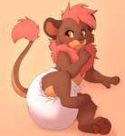 abdl anthro blush clothed clothing diaper diaper_fetish diaper_only embarrassed eyebrows hair looking_away lying male mane pawpads paws pink_eyes pink_hair pink_mane pink_nose pink_pawpads round_ears shy smile solo tail tail_tuft topless tuft wearing_diaper auroraskyyy felid lion mammal pantherine hi_res