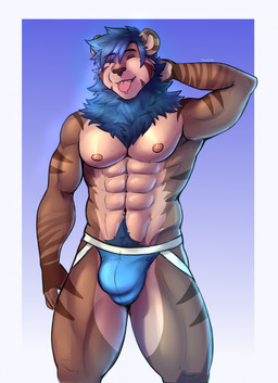 abs anthro areola balls_outline barazoku big_bulge blep blue_clothing blue_hair blue_jockstrap blue_mane blue_underwear body_hair border brown_body brown_fur bulge clothed clothing detailed_bulge eyes_closed fingers front_view fur genital_outline gradient_background hair hand_behind_head happy_trail humanoid_hands jockstrap jockstrap_only male mane markings muscular muscular_anthro muscular_arms muscular_legs muscular_male nipples pecs pose short_hair simple_background solo standing striped_markings stripes tan_body tan_fur text tongue tongue_out topless topless_anthro topless_male underwear underwear_only white_border darolion felid lion mammal pantherine artist_name colored hi_res portrait shaded three-quarter_portrait