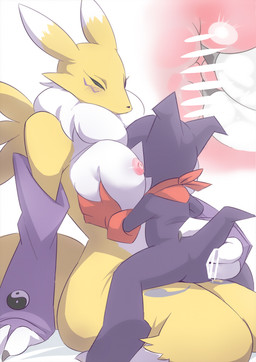 anal anal_fingering anthro areola armwear breast_grab breasts butt clothing duo female fingering fingering_partner fur gloves hand_on_breast handwear head_between_breasts internal kerchief larger_female mostly_nude multicolored_body multicolored_ears multicolored_fur neckerchief neckwear nipples on_lap pink_areola pink_nipples purple_armwear purple_clothing red_clothing red_gloves red_handwear red_kerchief red_neckerchief red_neckwear sex size_difference straddling two_tone_ears white_body white_breasts white_fur yellow_body yellow_ears yellow_fur rusho bandai_namco digimon canid canine digimon_(species) fox imp impmon mammal renamon 2026 censored hi_res