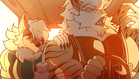 angry anthro barazoku body_hair car chest_hair claws clothed clothing drinking driving driving_car duo fanfic fanfiction fangs finger_claws fur hair hairy inside_car inside_vehicle looking_at_another male male/male mature_anthro muscular muscular_anthro muscular_male nipples open_mouth orange_body orange_fur stripes teeth vehicle white_hair pinumontbalou nintendo pokemon arcanine generation_1_pokemon generation_7_pokemon lycanroc pokemon_(species) hi_res story story_in_description