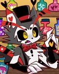 anthro bottle clothed clothing container cute_fangs fangs feathered_wings feathers hat headgear headwear male open_mouth solo suspenders teeth wings chico hazbin_hotel husk_(hazbin_hotel) demon domestic_cat felid feline felis mammal absurd_res hi_res