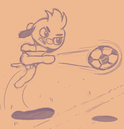 anthro ball balls bottomless casual_exposure clothed clothing flaccid foreskin genitals humanoid_genitalia humanoid_penis jumping kick male midair motion_lines penis soccer_ball soccer_uniform solo speed_lines sportswear uniform young young_anthro young_male comjuke playkids junior_(playkids) canid canine canis domestic_dog mammal sketch