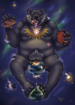 anthro belly bodily_fluids cum destruction genital_fluids holding_planet macro macro_anthro macro_male male mega_macro planet planet_destruction planet_fucking solo fairypuppers raakk bear mammal hi_res