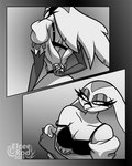 bare_shoulders bra_strap clothed clothing eyeshadow looking_down makeup neutral_expression partially_clothed solo standing taking_off_shirt underwear unzipped_clothing elcee_rod helluva_boss stella_(helluva_boss) avian_demon 4:5 hi_res monochrome