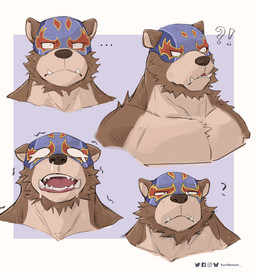 anthro beard blue_mask bluesky_logo bodily_fluids brown_beard brown_body brown_facial_hair brown_fur countershade_face countershade_fur countershade_neck countershade_torso countershading crying dot_pupils ellipsis eye_mask facebook_logo facial_hair fangs front_view fur furrowed_eyebrows instagram_logo interrobang looking_aside looking_at_viewer male mask mouth_closed multicolored_body multicolored_fur multicolored_mask multiple_expressions narrowed_eyes nude nude_anthro nude_male open_mouth overbite purple_background question_mark red_mask red_tongue sad shaking simple_background snot snout solo sports_mask sportswear squint surprised tan_body tan_countershading tan_inner_ear tears teeth text tongue tongue_showing tremble_lines trembling twitter_logo two_tone_body two_tone_fur wearing_mask white_background white_sclera wrestling_mask yellow_mask kuromonsart afk_arena afk_journey bluesky_(social_media) facebook instagram lilith_games twitter bear mammal 2024 absurd_res artist_name bust_portrait character_request colored dated digital_drawing_(artwork) digital_media_(artwork) english_text headshot_portrait hi_res portrait