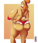 anthro big_breasts bikini breasts brown_nose butt clothing female fingers huge_breasts red_eyes solo swimwear tail two-piece_swimsuit yellow_body ai_od animal_crossing nintendo isabelle_(animal_crossing) canid canine canis domestic_dog mammal shih_tzu toy_dog 2022 absurd_res hi_res