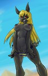 anthro bikini_bottom_down black_body black_fur blonde_hair blue_sky breasts countershade_torso countershading desert female fur genitals grin hair looking_at_viewer nipples pussy pyramid red_eyes sky smile solo mario-grant anubiel_(mario-grant) canid canine canis jackal mammal 2023 absurd_res hi_res