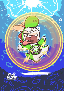 action_pose ambiguous_feral ambiguous_gender anthro bent_leg bubble buckteeth clothed clothed_anthro clothed_male clothing derp_eyes electricity energy_shield feral fully_clothed fully_clothed_anthro fully_clothed_male fur green_outfit group light logo long_ears male male_anthro male_focus mitten_hands multicolored_clothing noseless open_mouth open_smile outline pink_tongue pose red_spines sea smile solo_focus tan_body tan_eyelids tan_inner_ear tan_skin teeth tongue tongue_out water white_body white_fur white_outline charisuke hungry_shark_(series) hungry_shark_world mario_bros mario_plus_rabbids_kingdom_battle nintendo raving_rabbids rayman_(series) ubisoft rabbid_yoshi aquatic fish lagomorph mammal rabbid 2023 cel_shading crossover digital_drawing_(artwork) digital_media_(artwork) full-length_portrait hi_res japanese_description lighting portrait shaded story story_in_description