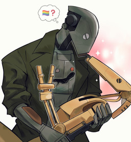 2_fingers ambiguous_gender blush blush_lines chest_scar clothing duo eye_contact fingers gay_thoughts green_clothing green_jacket green_topwear grey_body hand_on_chest holding_partner hole_in_chest jacket lgbt_pride long_snout looking_at_another looking_at_partner machine nose_to_nose not_furry outline pink_cloud pride_colors question_mark questioning_sexuality rainbow_flag rainbow_pride_colors rainbow_pride_flag rainbow_symbol romantic scar screw_eyes simple_background six-stripe_rainbow_pride_colors snout sparkles tan_body thought_bubble topwear white_background white_outline guyinthesky star_wars nd-5_(star_wars) b1_battle_droid battle_droid commando_droid humanoid robot robot_humanoid absurd_res digital_drawing_(artwork) digital_media_(artwork) hi_res portrait shaded three-quarter_portrait
