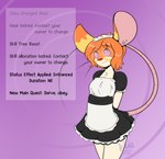 anthro clothing ear_piercing female front_view gameplay_mechanics hypnosis maid_uniform mind_control piercing ringed_eyes smile solo submissive submissive_anthro submissive_female text uniform maynara mouse_(maynara) mammal mouse murid murine rodent english_text hi_res