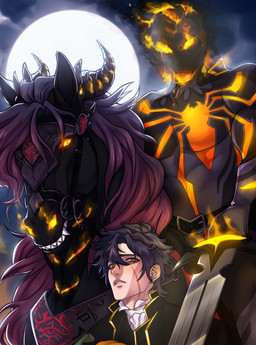 black_body black_clothing black_topwear clothing fangs green_eyes grey_hair group hair holding_melee_weapon holding_object holding_sword holding_weapon horn looking_at_viewer male mane melee_weapon messy_hair messy_mane moon muscular muscular_humanoid muscular_male outside purple_mane ridged_horn smoke sword tan_body tan_skin teeth topwear trio weapon demireality equid equine horse humanoid mammal hi_res