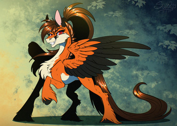 abstract_background feathers female feral fluffy forest fur plant red_eyes solo spread_wings tree wings sunny_way hasbro my_little_pony mythology sunny_way_(character) canid canine equid equine fox mammal mythological_creature mythological_equine pegasus hi_res