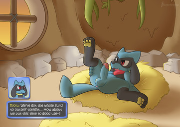 3_toes anthro anus balls bedroom butt circumcised dialogue dialogue_box erection feet genitals hay hay_bale humanoid_genitalia humanoid_penis male pawpads paws penis presenting presenting_hindquarters presenting_penis raised_leg red_eyes rock roots solo spread_legs spreading sunset text toes window silvrsterlng nintendo pokemon pokemon_mystery_dungeon spike_chunsoft generation_4_pokemon pokemon_(species) riolu 2021 english_text