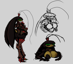 4_arms antennae_(anatomy) anthro big_breasts breasts butt crown exoskeleton female green_eyes hair headgear long_hair multi_arm multi_limb nipples solo fdel_(artist) versus_(manga) roya_roach arthropod blattodean cockroach insect hi_res sketch