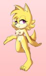 anthro breasts female genitals looking_at_viewer nude pubes purple_eyes pussy simple_background solo walking yellow_body fourssss sega sonic_the_hedgehog_(series) ellie_the_wolf fan_character canid canine canis mammal wolf 2024 hi_res