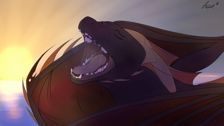 black_body black_scales bodily_fluids detailed_background eyes_closed fangs horn light membrane_(anatomy) membranous_wings mouth_shot open_mouth saliva scales solo sun sunlight teeth water wings yawn rektalius mythology dragon mythological_creature mythological_scalie reptile scalie absurd_res digital_media_(artwork) hi_res signature