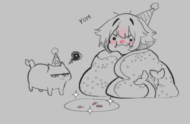 ambiguous_gender anthro bedding black_text blanket blush clothing crumbs crumbs_on_face drugs duo emanata female feral goofy_smile grumpy hat headgear headwear medicine party_hat paws pills plate shark_tail sparkles tail tail_motion tailwag text wrapped_in_blanket niniidawns karika_(niniidawns) ninii_(niniidawns) aquatic domestic_cat felid feline felis fish mammal shark 2026 digital_drawing_(artwork) digital_media_(artwork) partially_colored sketch
