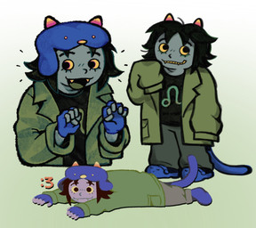 2_horns 5_fingers :3 black_clothing black_hair black_shirt black_topwear blue_clothing blue_footwear blue_gloves blue_handwear blue_hat blue_headwear blue_tail bottomwear clothed clothed_female clothing eyebrows eyelashes fangs female fingers footwear gloves gradient_background green_clothing green_jacket green_topwear grey_body hair handwear hat headgear headwear horn jacket long_sleeves lying on_front open_mouth open_smile pants round_eyes shirt simple_background smile solo standing tail teeth topwear yellow_sclera young kot2ka crocs homestuck ms_paint_adventures nepeta_leijon alien animal_humanoid cat_humanoid felid felid_humanoid feline feline_humanoid humanoid mammal mammal_humanoid troll_(homestuck) 2025 digital_drawing_(artwork) digital_media_(artwork) english_description hi_res