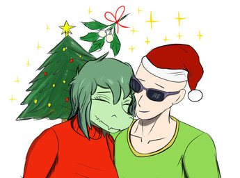 anthro biped canon_couple christmas_clothing christmas_headwear christmas_tree clothed clothed_anthro clothed_female clothed_human clothed_male clothing duo eyes_closed eyewear female green_body green_clothing green_hair green_shirt green_topwear hair happy hat headgear headwear holidays holly_(plant) human_on_anthro interspecies male male/female medium_hair plant red_clothing red_sweater red_topwear romantic romantic_couple santa_hat shirt simple_background smile sparkles sunglasses sweater topwear tree white_background dumacukr(d5214) cavemanon_studios christmas i_wani_hug_that_gator inco_(iwhtg) olivia_halford baryonyx dinosaur human mammal prehistoric_species reptile saurischian scalie spinosaurid theropod 2025 colored
