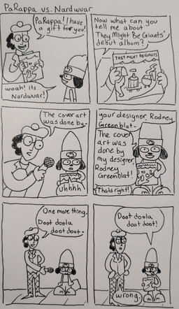 6_panel_comic anthro beanie beret clothing crouching dialogue disappointed duo electronics eyewear glasses hands_on_hips hat headgear headwear holding_album holding_microphone holding_object humor male microphone repeated_text smile text toony wearing_glasses nikki_morgen parappa_the_rapper sony_corporation sony_interactive_entertainment they_might_be_giants nardwuar parappa canid canine canis domestic_dog human mammal comic english_text hi_res monochrome