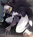 anthro black_body black_fur female fur hooves horn pose solo white_body white_fur yellow_eyes drawligator onai bovid canid canine canis caprine humanoid mammal sheep wolf wolfskin 2023 hi_res