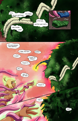 blonde_hair blue_bottomwear blue_clothing blue_jeans blue_pants bottomwear breasts clothing denim denim_bottomwear denim_clothing duo eyeless female fur green_body green_fur hair jacket jeans lips male male/female nipples nude pants restrained restrained_by_tentacles size_difference smile speech_bubble stalagmite tan_body tentacles topwear dr_artist miaryu_(dr_artist) tera_rollins_(dr_artist) alien human mammal absurd_res colored comic hi_res
