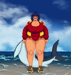 big_breasts black_sclera breasts cleavage clothed clothing cloud day female huge_breasts overweight overweight_female red_clothing sea sharp_teeth sky smile solo standing teeth water wet armorv1 animal_humanoid fish fish_humanoid humanoid marine marine_humanoid shark_humanoid absurd_res full-length_portrait hi_res portrait