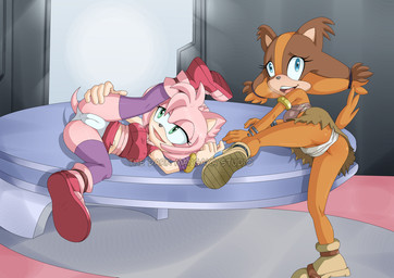 anthro bedroom_eyes bottomwear breasts butt camel_toe clothed clothing dress duo female footwear fur green_eyes hair half-closed_eyes legwear lying narrowed_eyes nipple_outline on_back open_mouth orange_body panties pink_body raised_clothing raised_dress seductive shoes skirt smile spread_legs spreading stockings tail topwear underwear the_dark_mangaka sega sonic_boom sonic_the_hedgehog_(series) amy_rose sticks_the_jungle_badger badger eulipotyphlan hedgehog mammal mustelid musteline digital_media_(artwork)