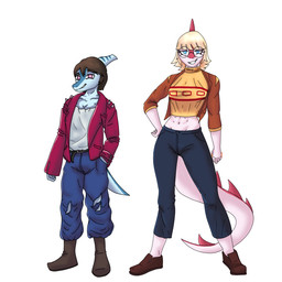 abs alternate_costume anthro big_tail blonde_hair blue_body blue_eyes blue_scales bone_frill boots bottomwear brown_boots brown_clothing brown_footwear brown_hair brown_shoes clothing clothing_swap denim denim_bottomwear denim_clothing duo eyelashes eyewear female footwear frill_(anatomy) front_view glasses hair hand_in_pocket jacket jeans long_tail male midriff multicolored_body multicolored_scales orange_clothing orange_jacket orange_topwear pants pink_body pink_scales pockets purple_eyes red_clothing red_jacket red_topwear round_glasses scales shoes short_hair simple_background smile snout spiked_tail spikes spikes_(anatomy) tail topwear torn_bottomwear torn_clothing torn_jeans torn_pants two_tone_body two_tone_scales v-cut white_background white_body white_scales purplekatsnek cavemanon_studios i_wani_hug_that_gator benjamin_mcknight mia_moretti dinosaur hadrosaurid ornithischian ornithopod parasaurolophus prehistoric_species reptile scalie 1:1 2024 digital_drawing_(artwork) digital_media_(artwork)